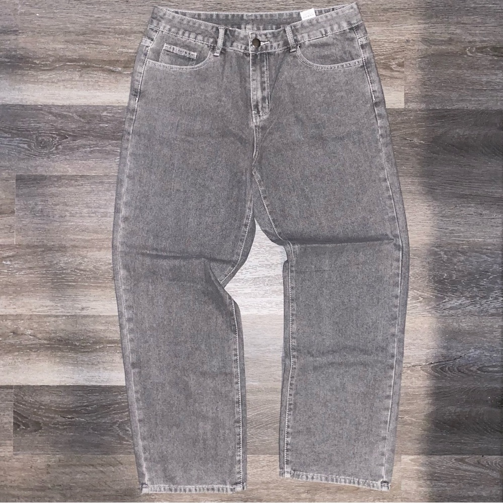 Grey straight leg baggy jeans with a relaxed fit